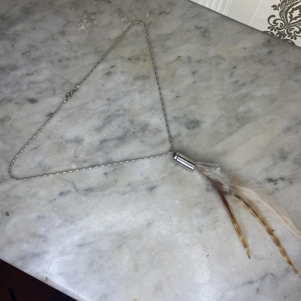 Simple Dangle Pheasant Feather Necklace on Silver Chain